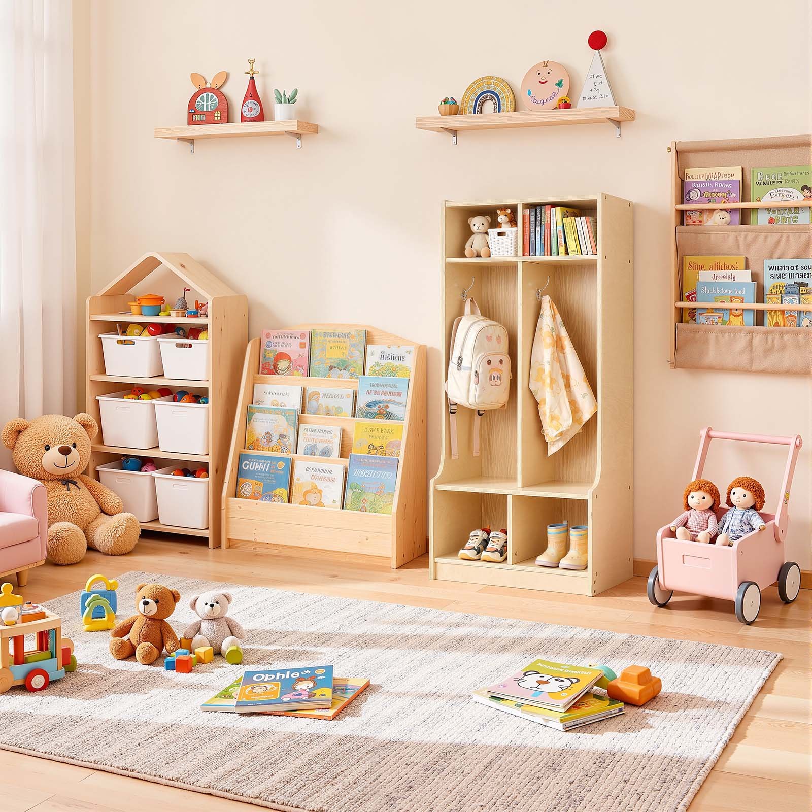 VEVOR Kids Coat Locker – 2-Section, 4 Hooks, Wood Cubby