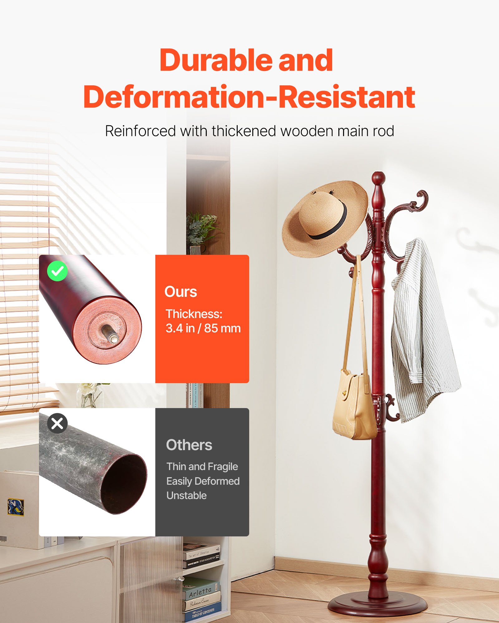 VEVOR Coat Rack Freestanding, Wooden Coats Rack Stand with Weighted ...