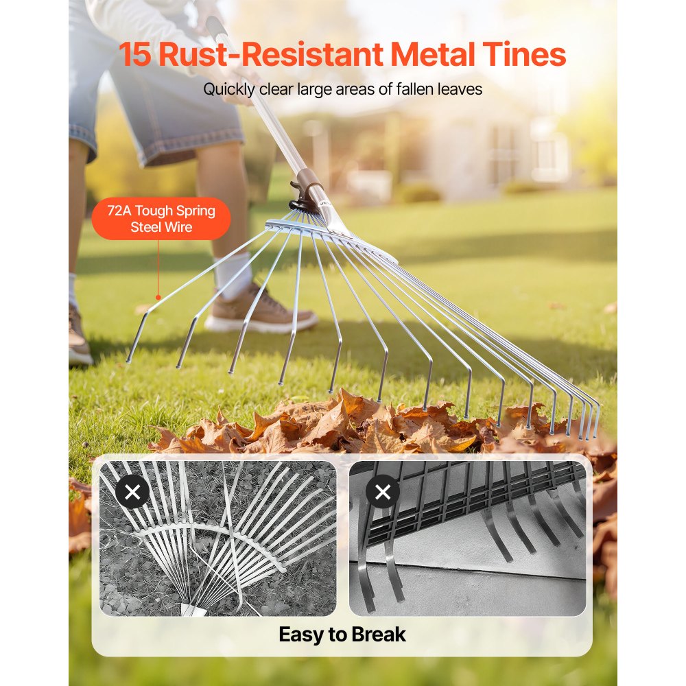 VEVOR Leaf Rake, 15 Metal Tines, Adjustable Garden Rake for Lawns with ...