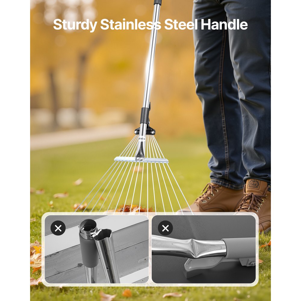 Small Gardenner Rake VEVOR Metal Leaf Rake – 15 Metal Tines, 7.5-22.4 Inch Head