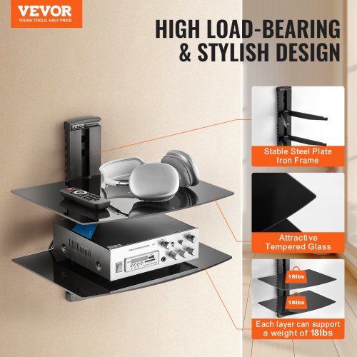 VEVOR 2 Tiers Wall Mounted AV Media Stand Adjustable Floating Projector ...