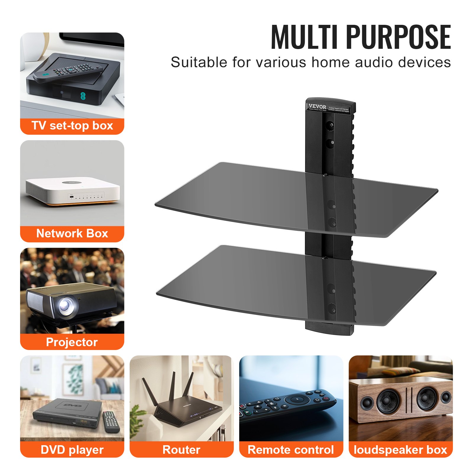 VEVOR 2 Tiers Wall Mounted AV Media Stand Adjustable Floating Projector ...
