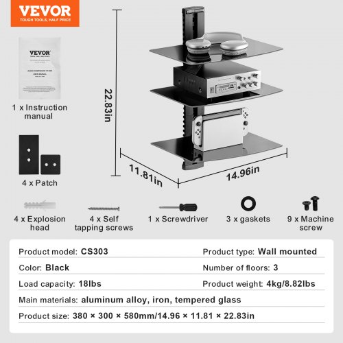 VEVOR 3 Tiers Wall Mounted AV Media Stand Adjustable Floating Projector ...
