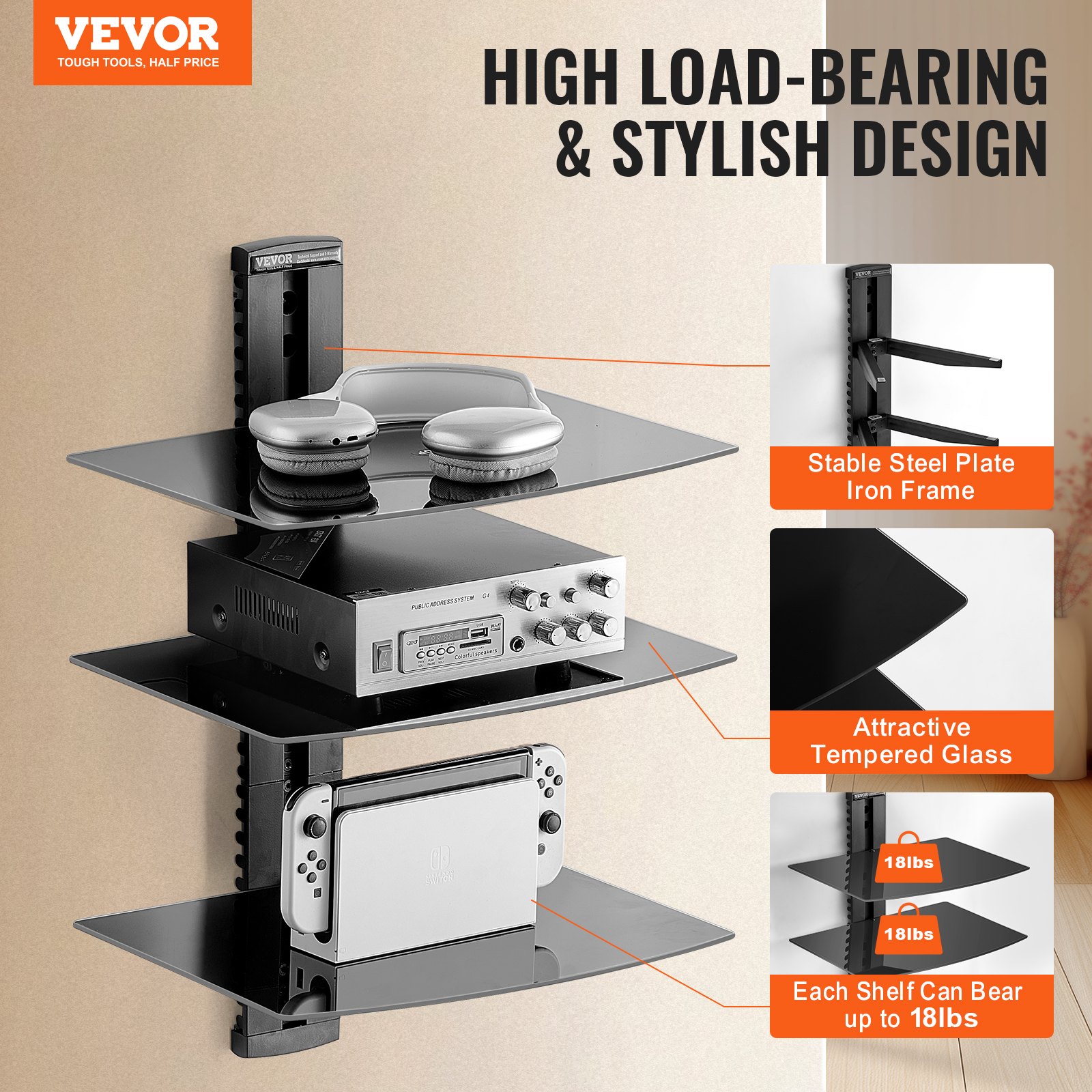 VEVOR 3 Tiers Wall Mounted AV Media Stand Adjustable Floating Projector ...