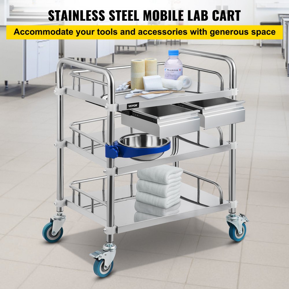 VEVOR Lab Cart 3 Layers Double Drawers Medical Cart with Wheels 1 ...