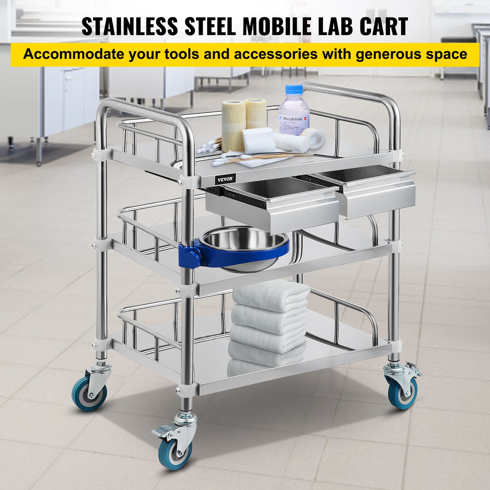 VEVOR Lab Cart 3 Layers Double Drawers Medical Cart with Wheels 1 ...