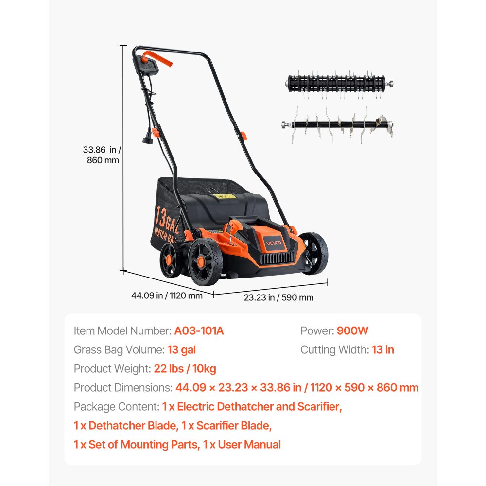 VEVOR Thatch Machine – 2-in-1 Electric Dethatcher, 13 Amp