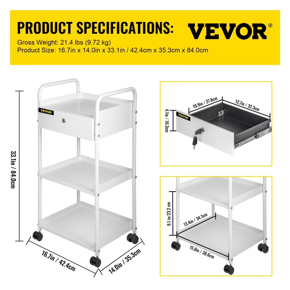 VEVOR Lab Cart, 3 Tiers Lab Trolley, Steel Lab Utility Cart, 360 ...
