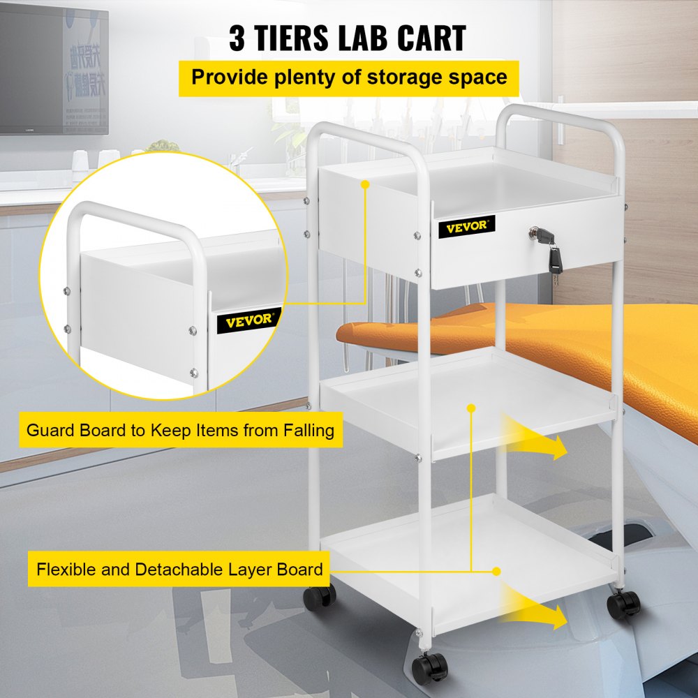 VEVOR Lab Cart, 3 Tiers Lab Trolley, Steel Lab Utility Cart, 360 ...