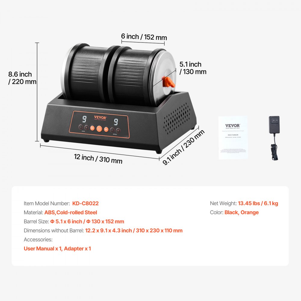 VEVOR Rock Polisher Machine – 8lbs Dual Barrel Tumbler
