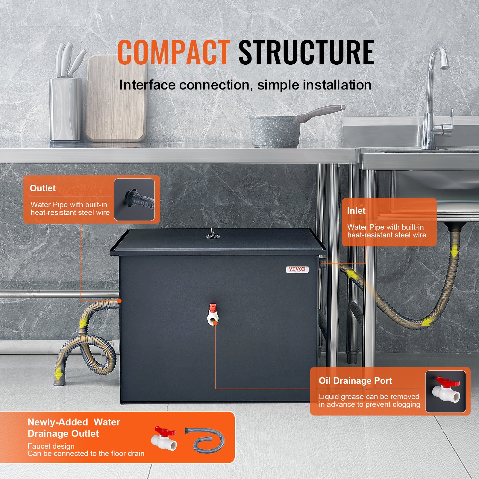 VEVOR 30LBS Commercial Grease Interceptor Trap Carbon Steel Waste Water ...