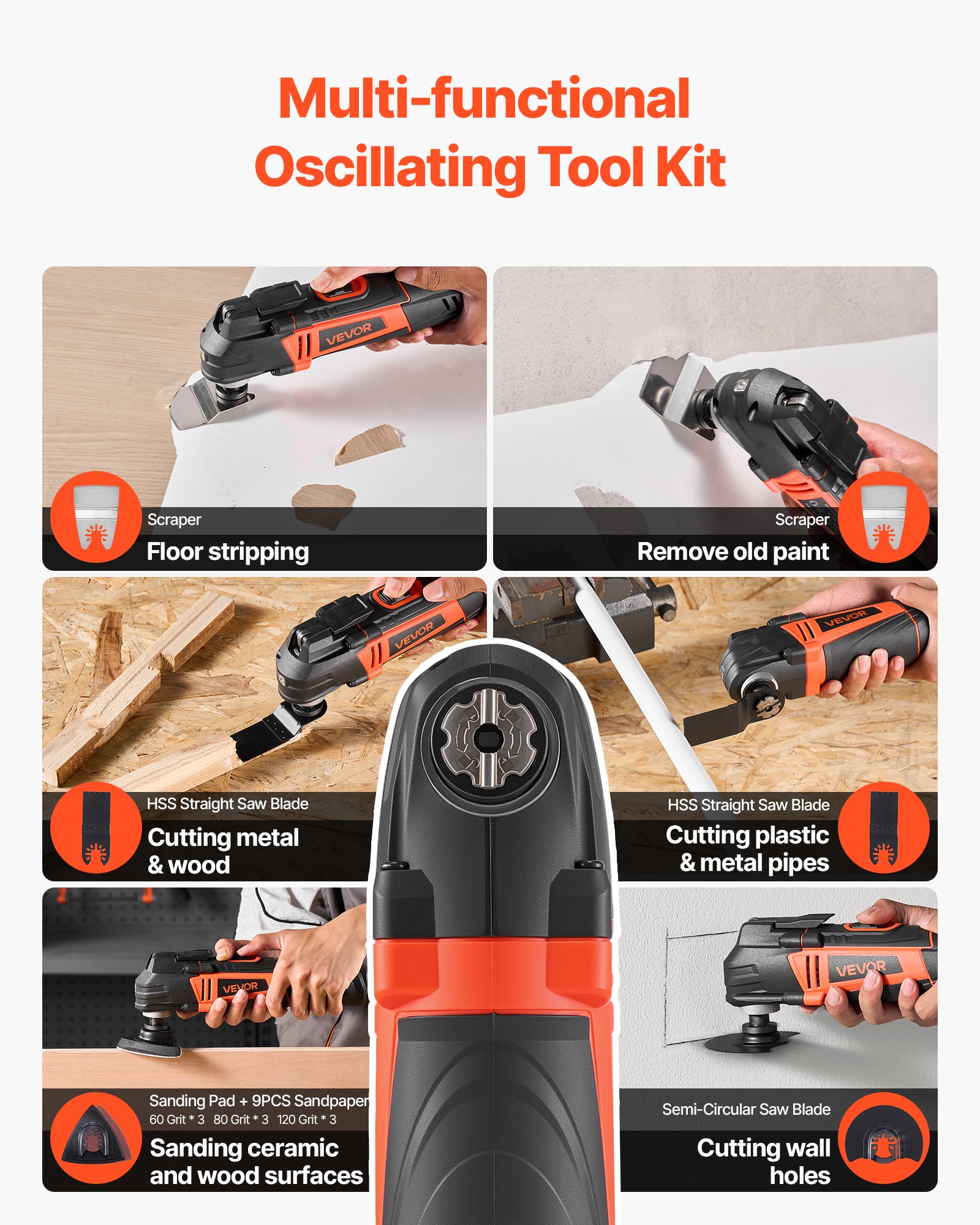 VEVOR Multitool Oscillating Tool – 3 Amp Corded, 6 Speeds (15,000-22,000 OPM), 3.2° Oscillation, 13-Piece Accessory Kit, LED Light & Tool Bag – For Sanding, Cutting, Scraping