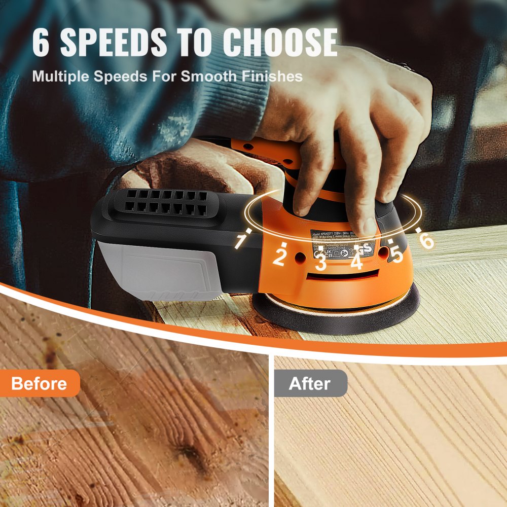 VEVOR Random Orbit Sander, 3A 350W Orbital Sander, 6 Speeds 13000 OPM 5