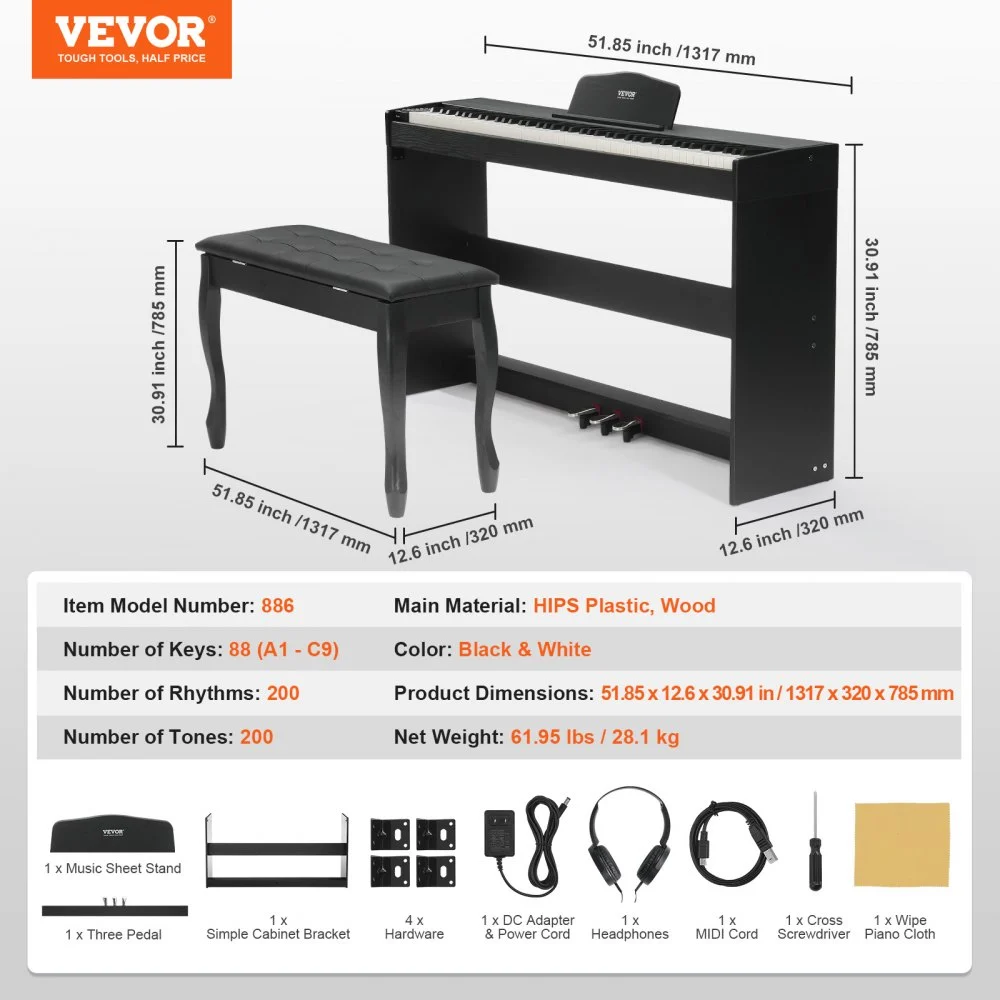 VEVOR Weighted Digital Piano, 88 Key Fully Weighted Keys, Dual Keyboard ...