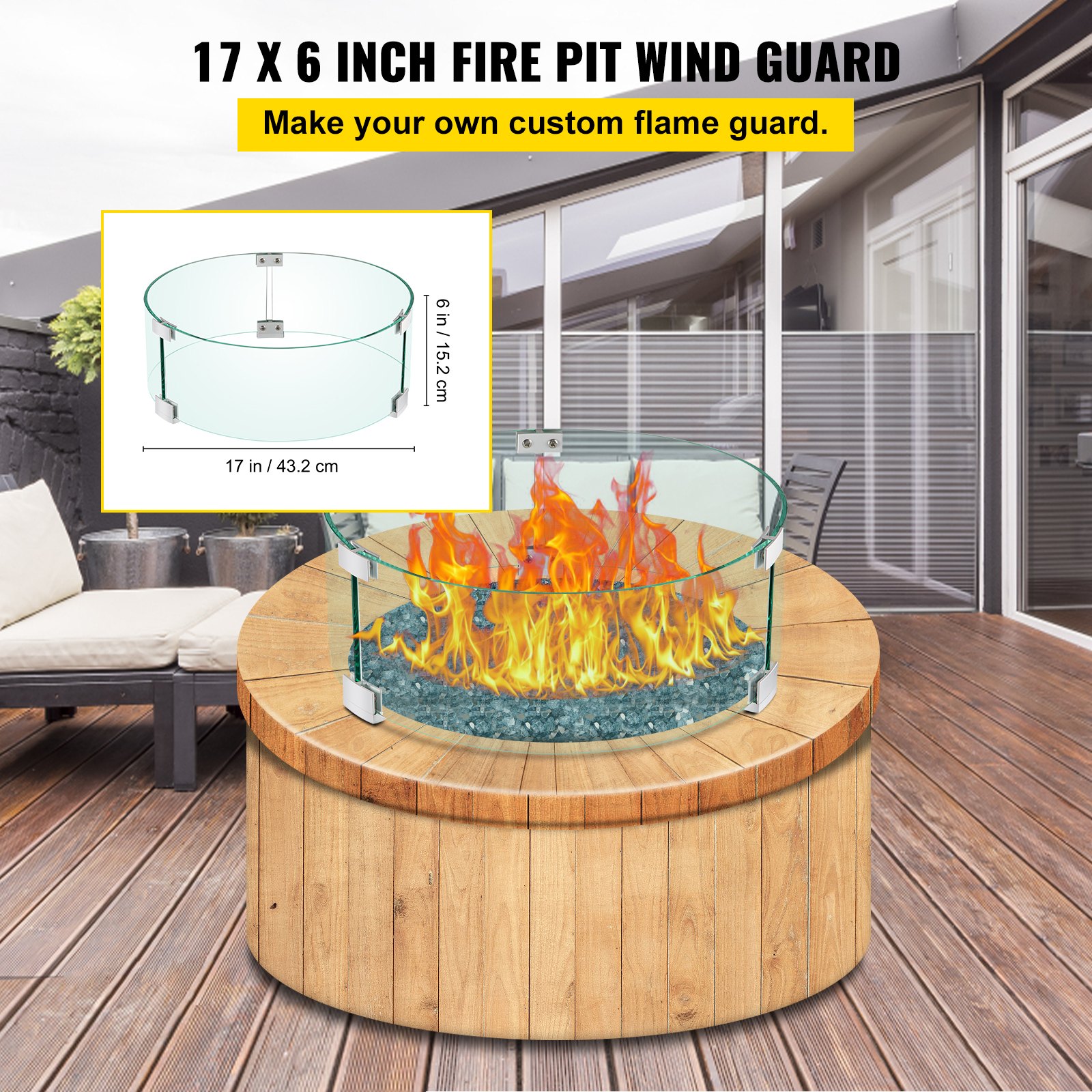 VEVOR Fire Pit Wind Guard, 17 x 17 x 6 Inch Glass Flame Guard, Round ...