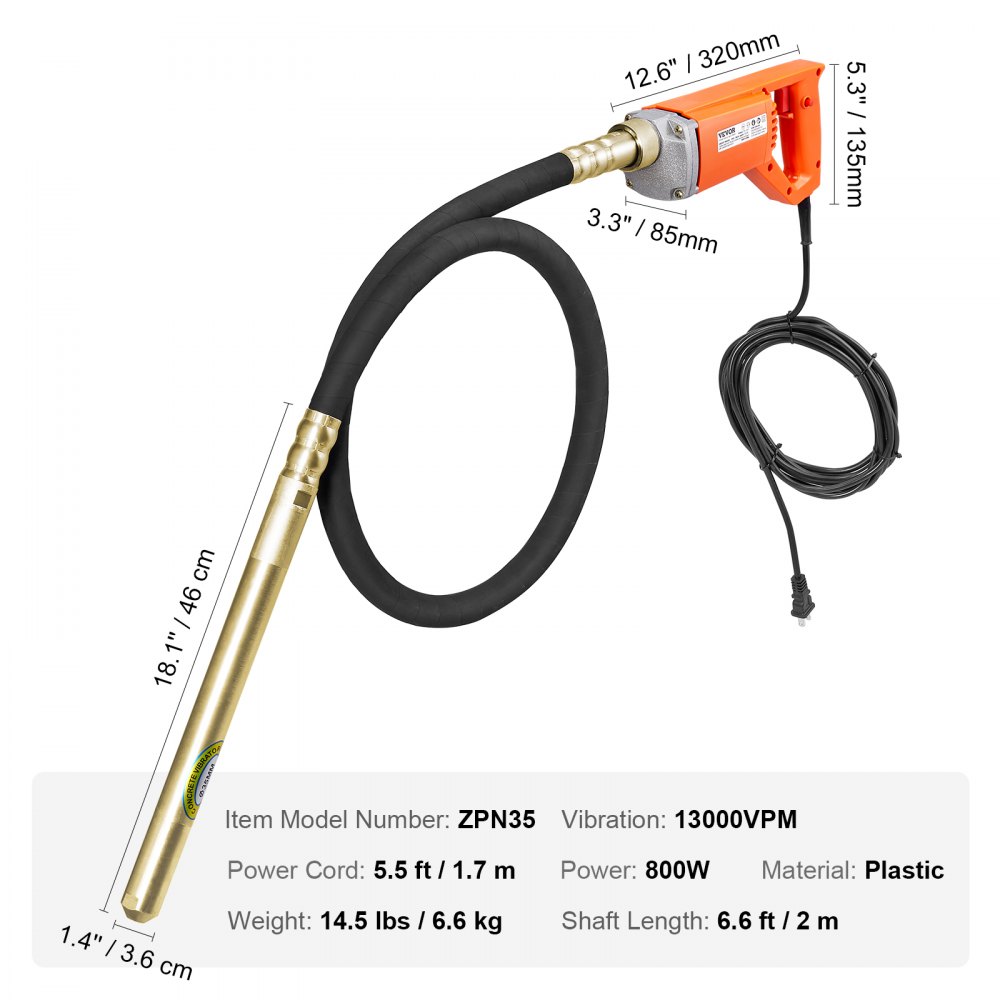 VEVOR Handheld Concrete Vibrator, 800W Electric Vibrator 13000 VPM ...