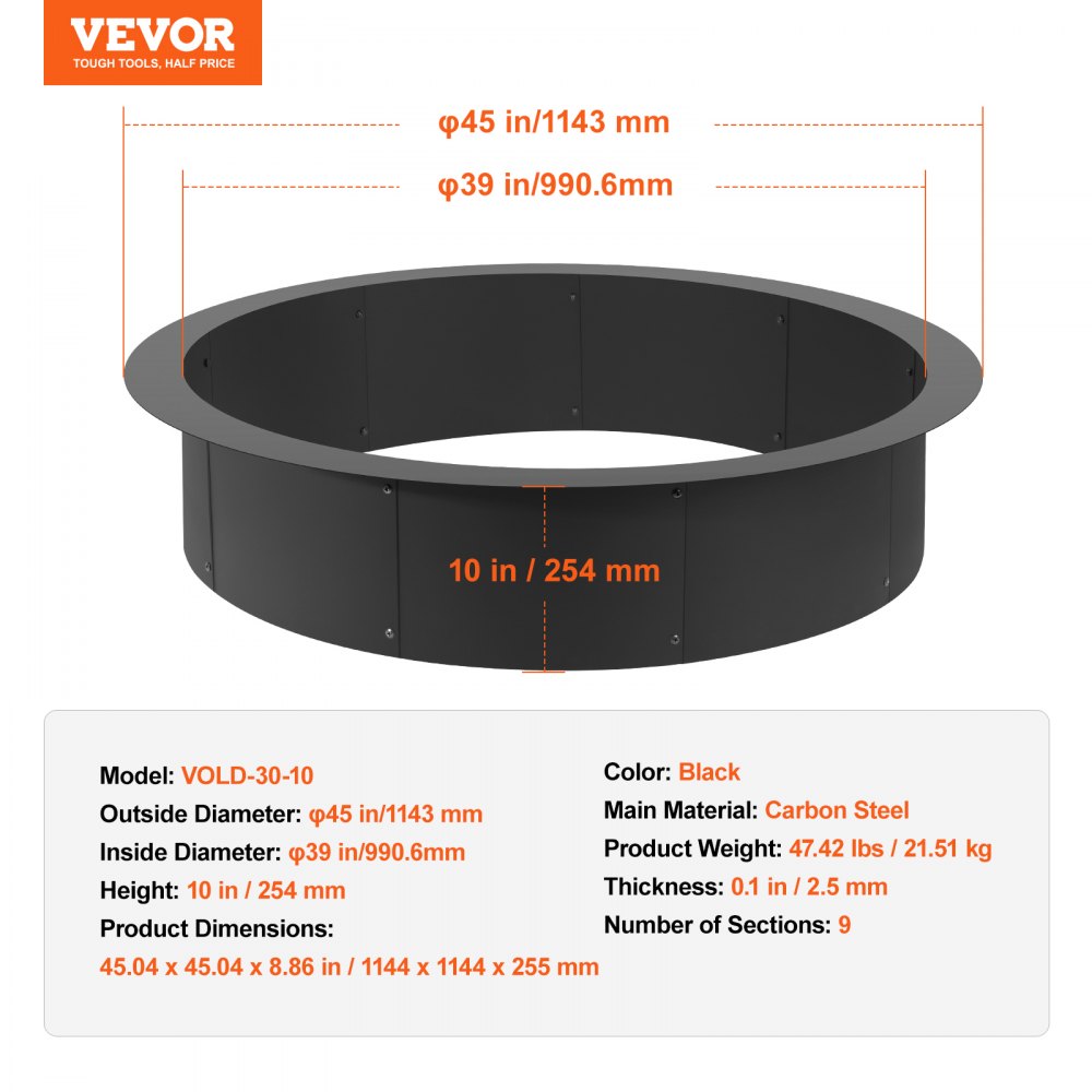 VEVOR Fire Pit Ring, 44-Inch Outer/39-Inch Inner Diameter, 10inch ...