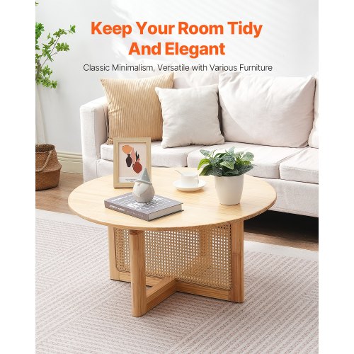 Rattan Coffee Table, Mid Century Modern Coffee Table, Rectangle Wood Coffee Table, 42 Inch Modern Boho Style Two Layers Storage Coffee Table