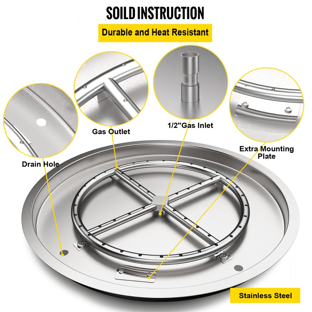 VEVOR Drop in Fire Pit Pan, 19" x 19" Round Fire Pit Burner, Stainless