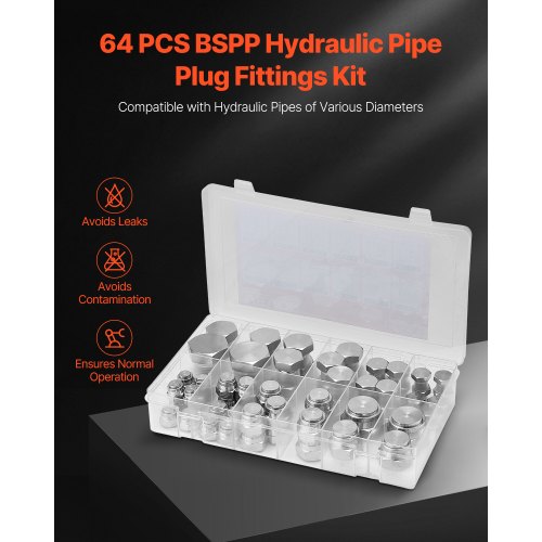 Hydro Plug Rack 64 PCS BSPP Hydraulic Fitting Cap & Plug Assortment Adapter Kit ...