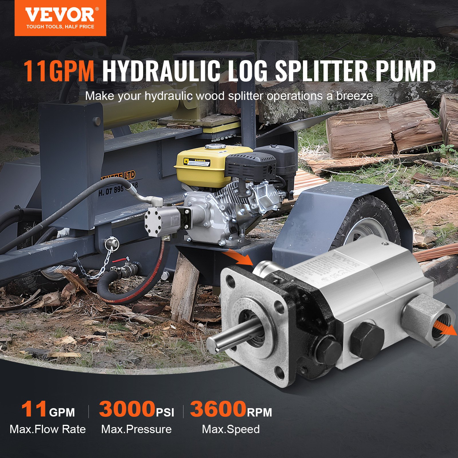 11 GPM 2-Stage Hydraulic Gear Pump For Log Splitter - 3000 PSI - 1 3 thumbnail image