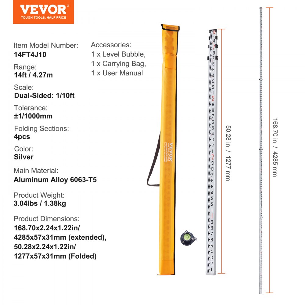 VEVOR Aluminum Grade Rod, 14-Feet/10ths 6 Sections Telescopic Measuring ...