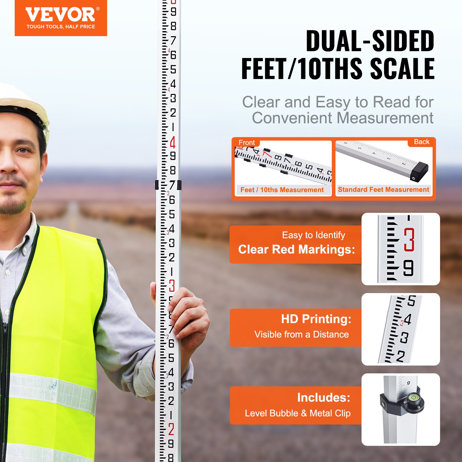 Graduating Level Rod VEVOR Aluminum Grade Rod, 14-Feet/10ths 6 Sections Telescopic Measuring ...