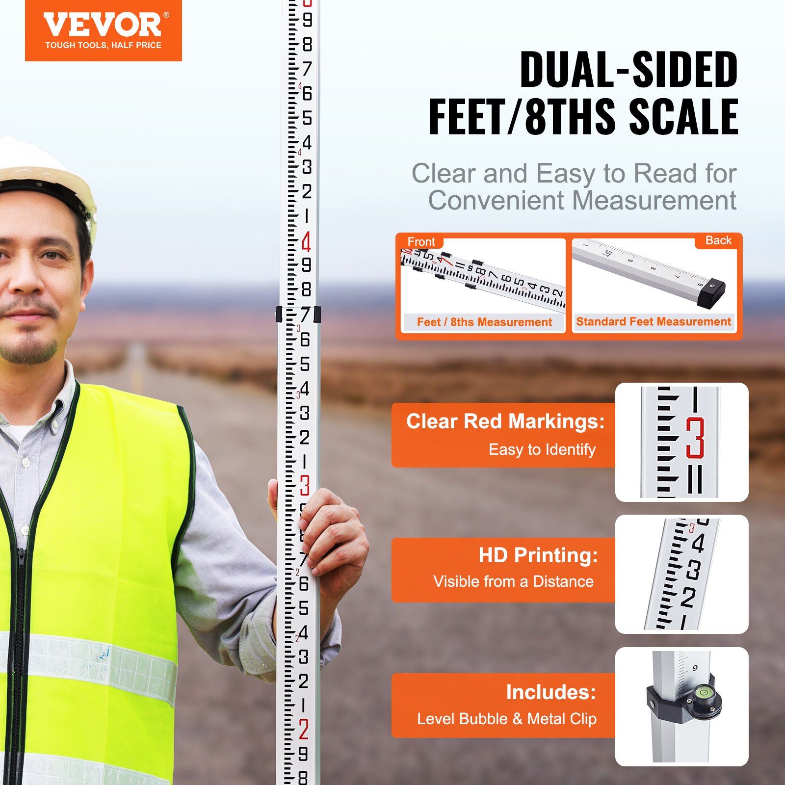 VEVOR Aluminum Grade Rod, 14-Feet/8ths 4 Sections Telescopic Measuring ...