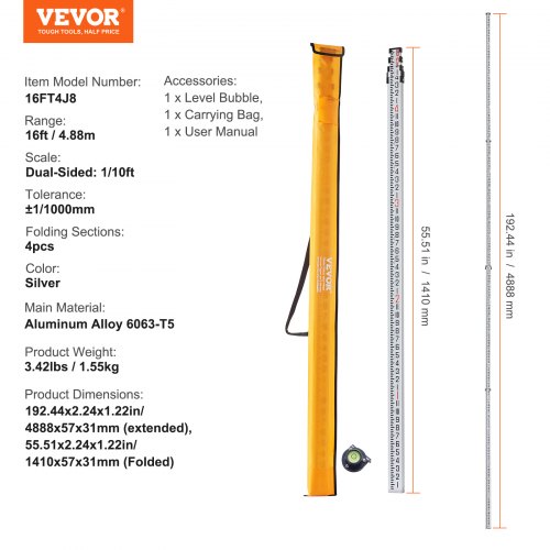 VEVOR Aluminum Grade Rod, 16-Feet/8ths 4 Sections Telescopic Measuring ...