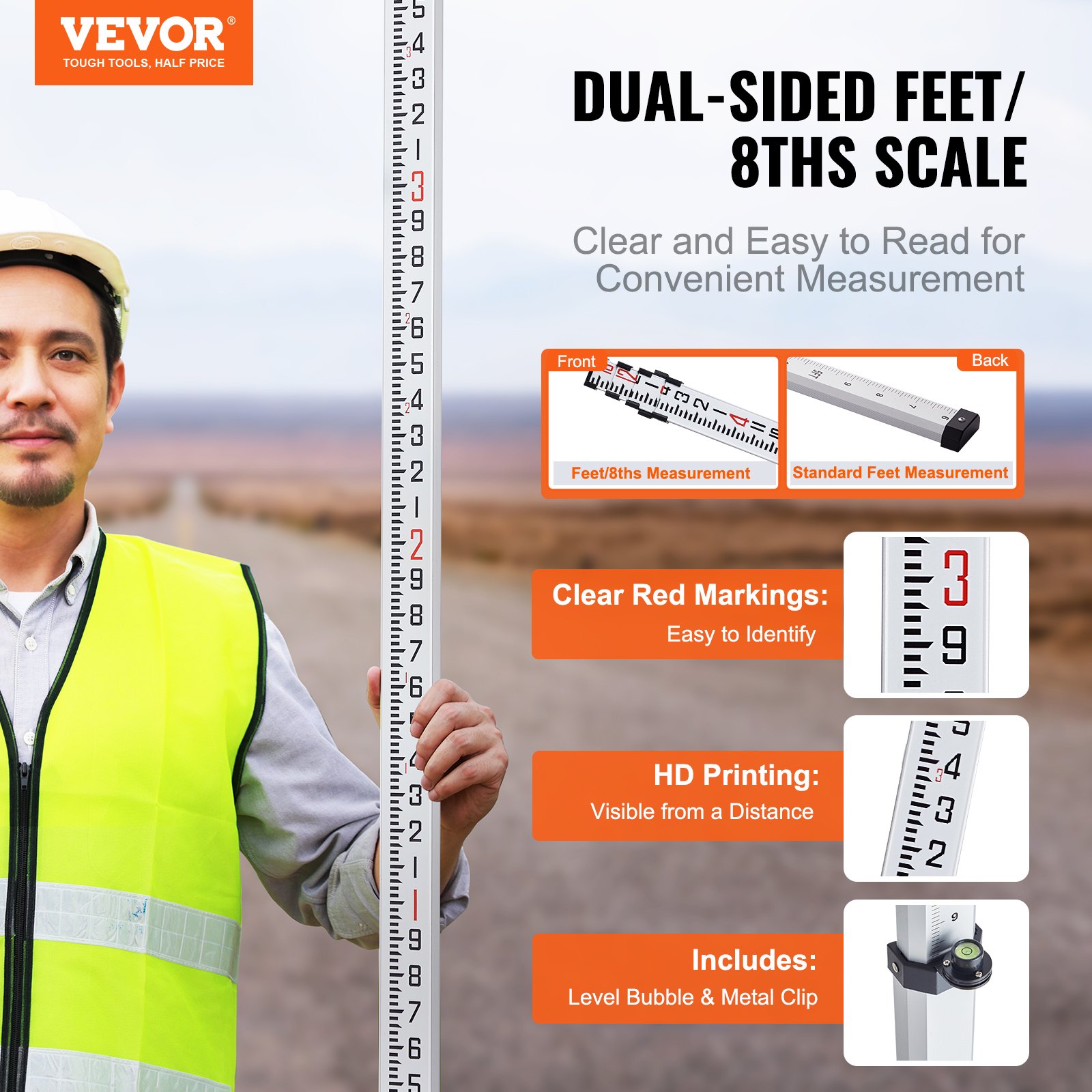 Messureing Rod VEVOR Aluminum Grade Rod, 16-Feet/8ths 4 Sections Telescopic Measuring ...