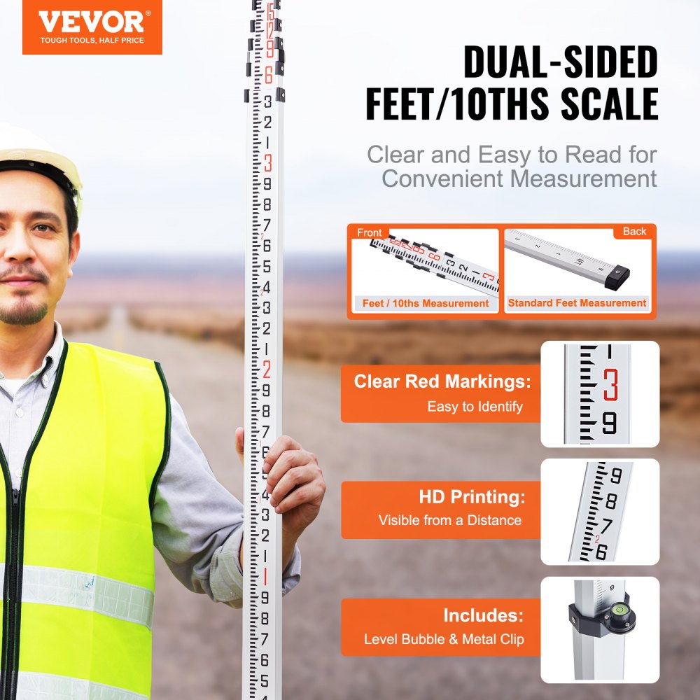 Trust Rod Ruler VEVOR Measuring Rod 18-Feet/10ths 6 Sections Telescopic Grade Rod 1 ...