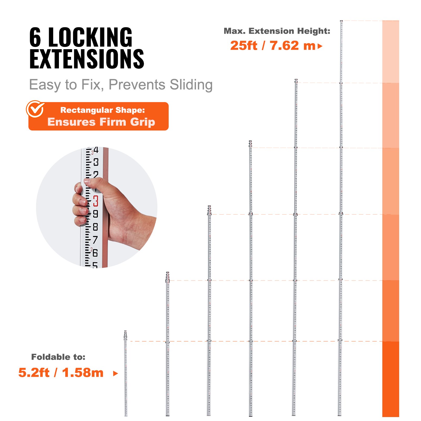 VEVOR Measuring Rod 25-Feet/10ths 6 Sections Telescopic Grade Rod 1 ...