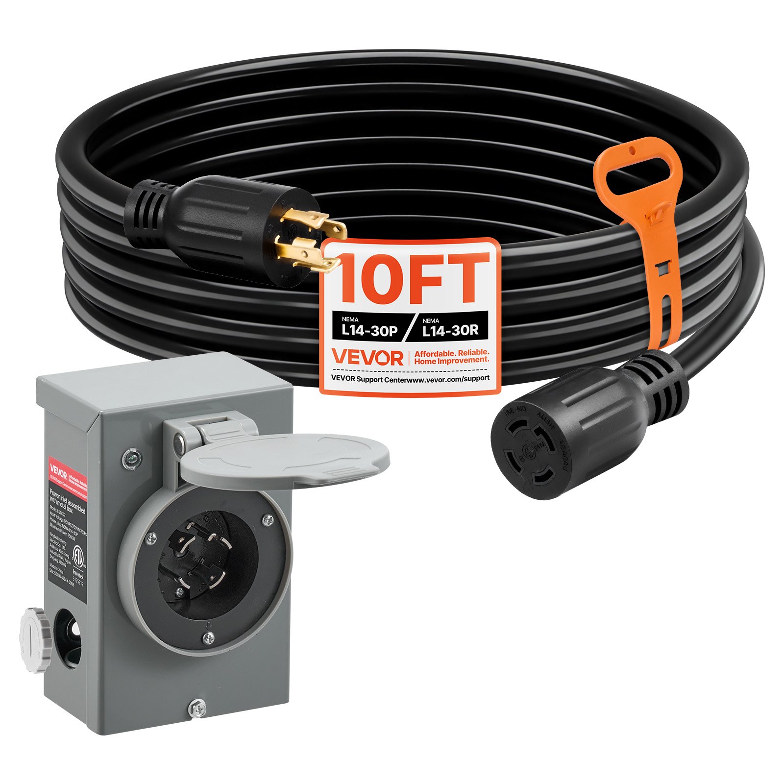 VEVOR 30 Amp Generator Cord and Power Inlet Box, 10 FT, 125/250V NEMA ...