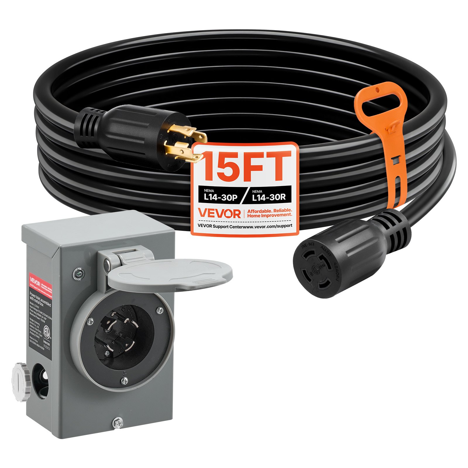 VEVOR 30 Amp Generator Cord and Power Inlet Box, 15 FT, 125/250V NEMA ...