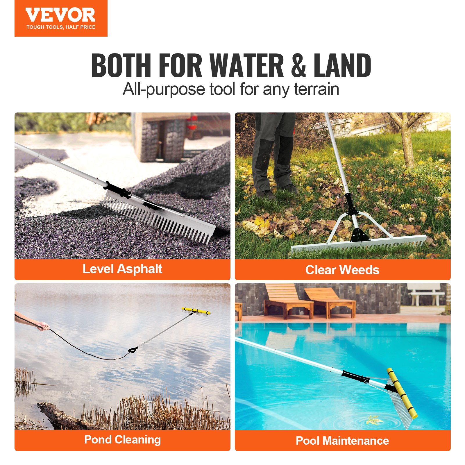VEVOR Landscape Rake, 36" Head Aluminum Landscape Rake, Lake Weed Rake ...