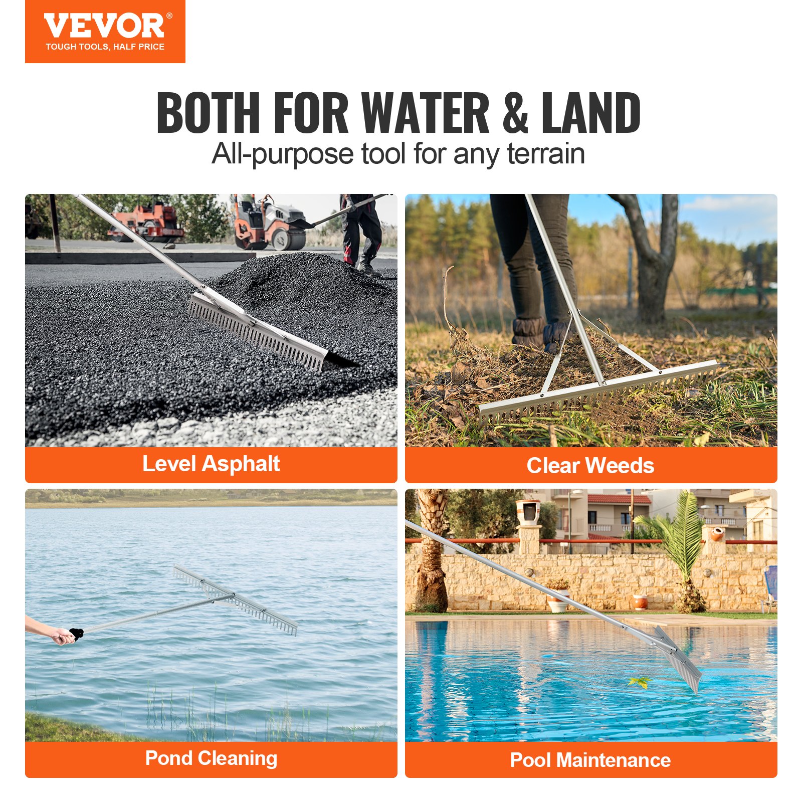VEVOR Landscape Rake, 36" Head Aluminum Landscape Rake, Lake Weed Rake ...