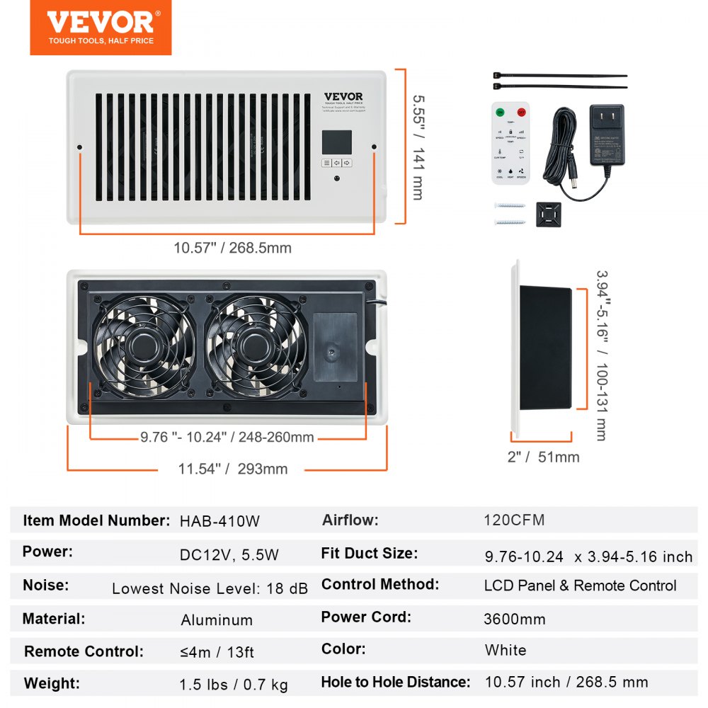 VEVOR Register Booster Fan, Quiet Vent Booster Fan Fits 4” x 10 ...