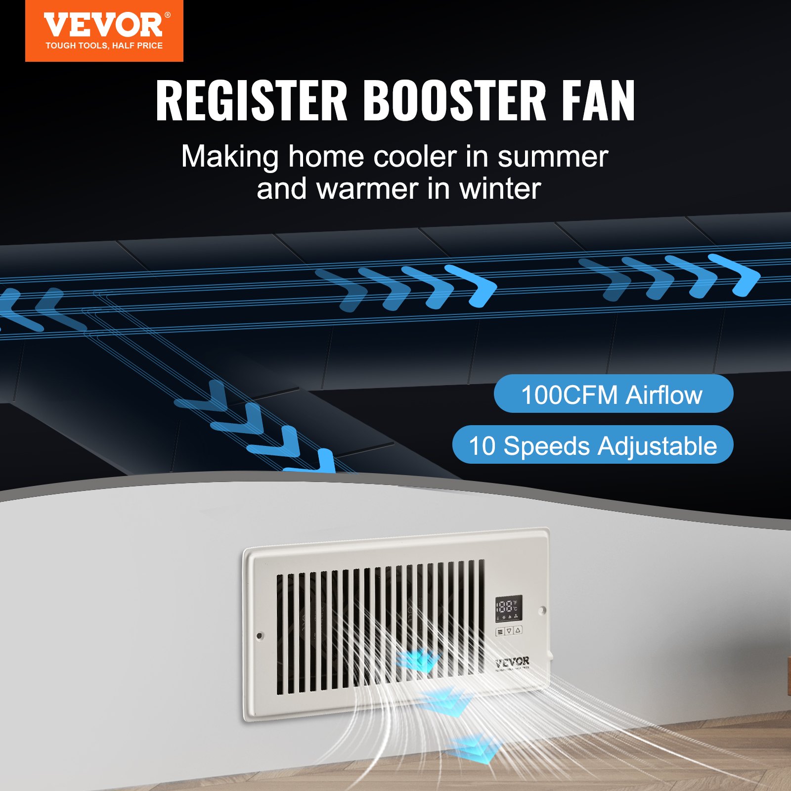 VEVOR Register Booster Fan, Quiet Vent Booster Fan Fits 4” x 10 ...
