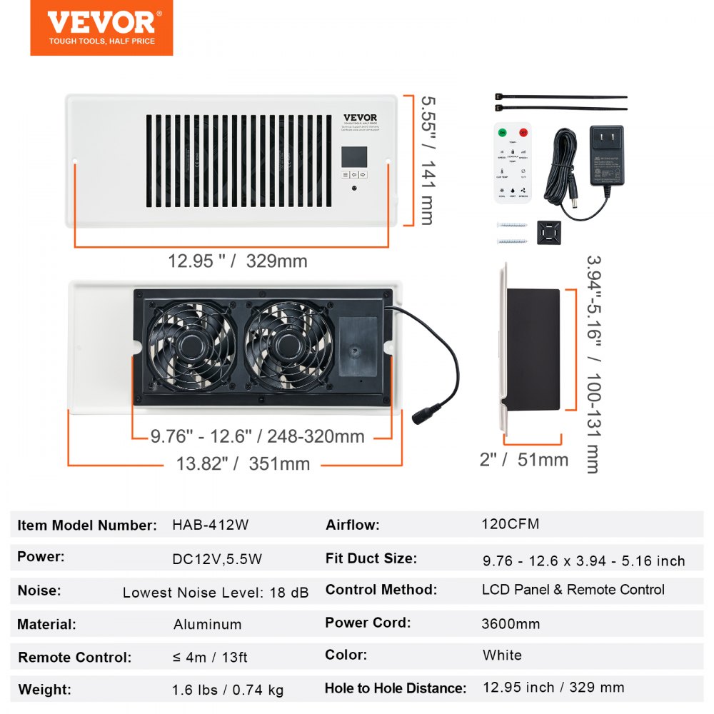 VEVOR Register Booster Fan, Quiet Vent Booster Fan Fits 4” x 12 ...