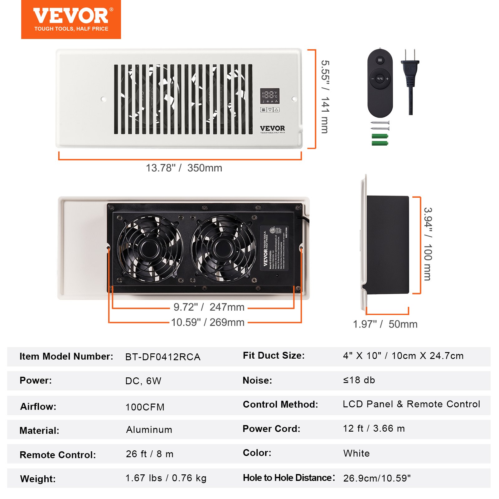 VEVOR Register Booster Fan, Quiet Vent Booster Fan Fits 4” x 12 ...
