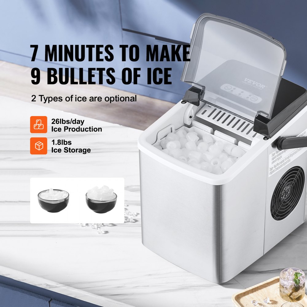 VEVOR Countertop Ice Maker, 9 Cubes Ready in 7 Mins, 26lbs in 24Hrs ...