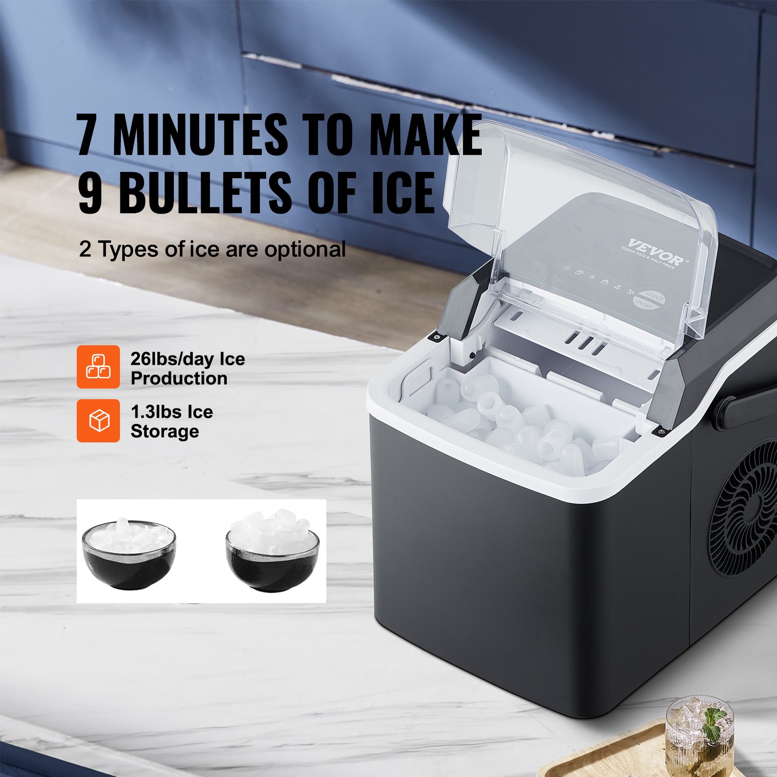 VEVOR Countertop Ice Maker, 9 Cubes Ready in 7 Mins, 26lbs in 24Hrs, SelfCleaning Portable Ice