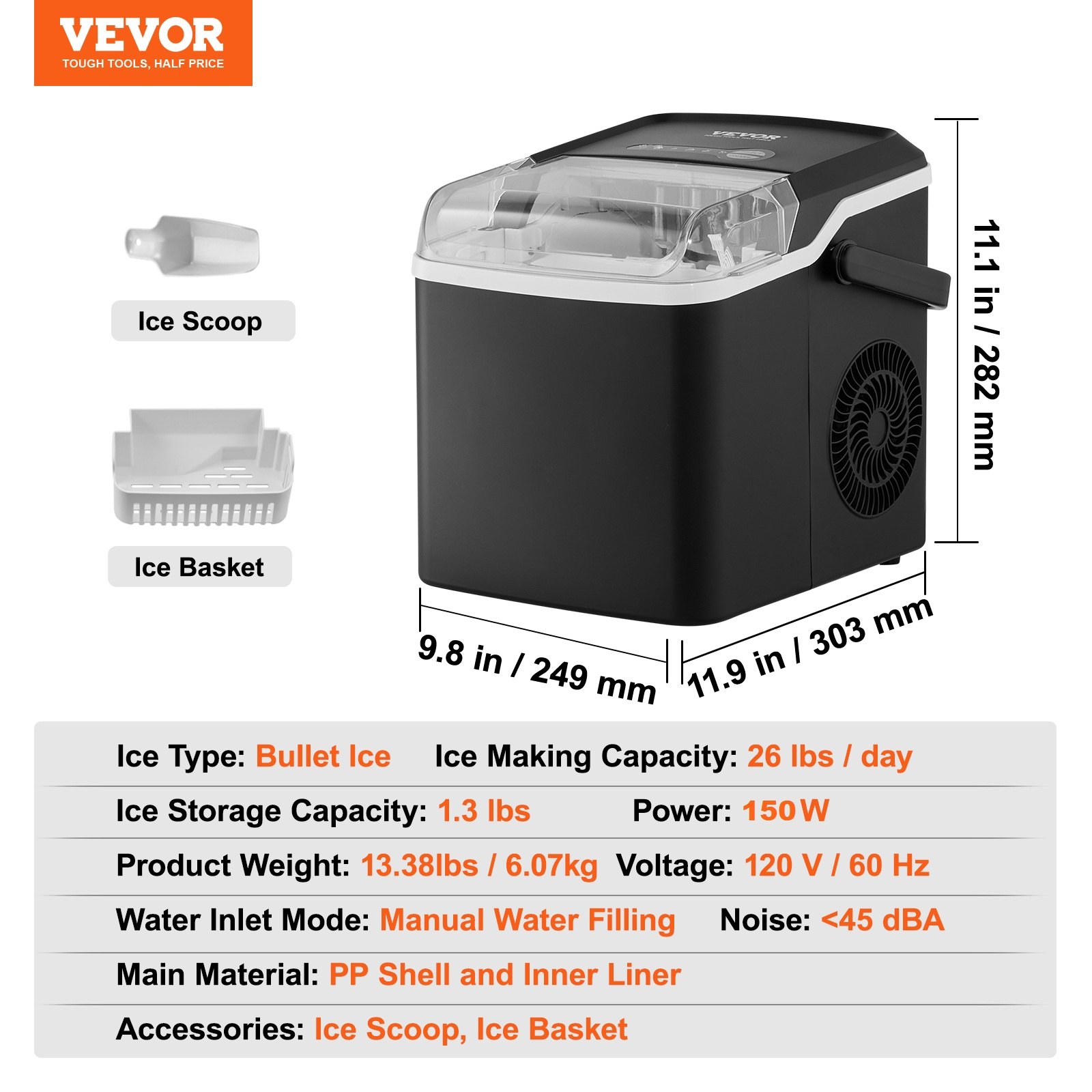 VEVOR Countertop Ice Maker, 9 Cubes Ready in 7 Mins, 26lbs in 24Hrs ...