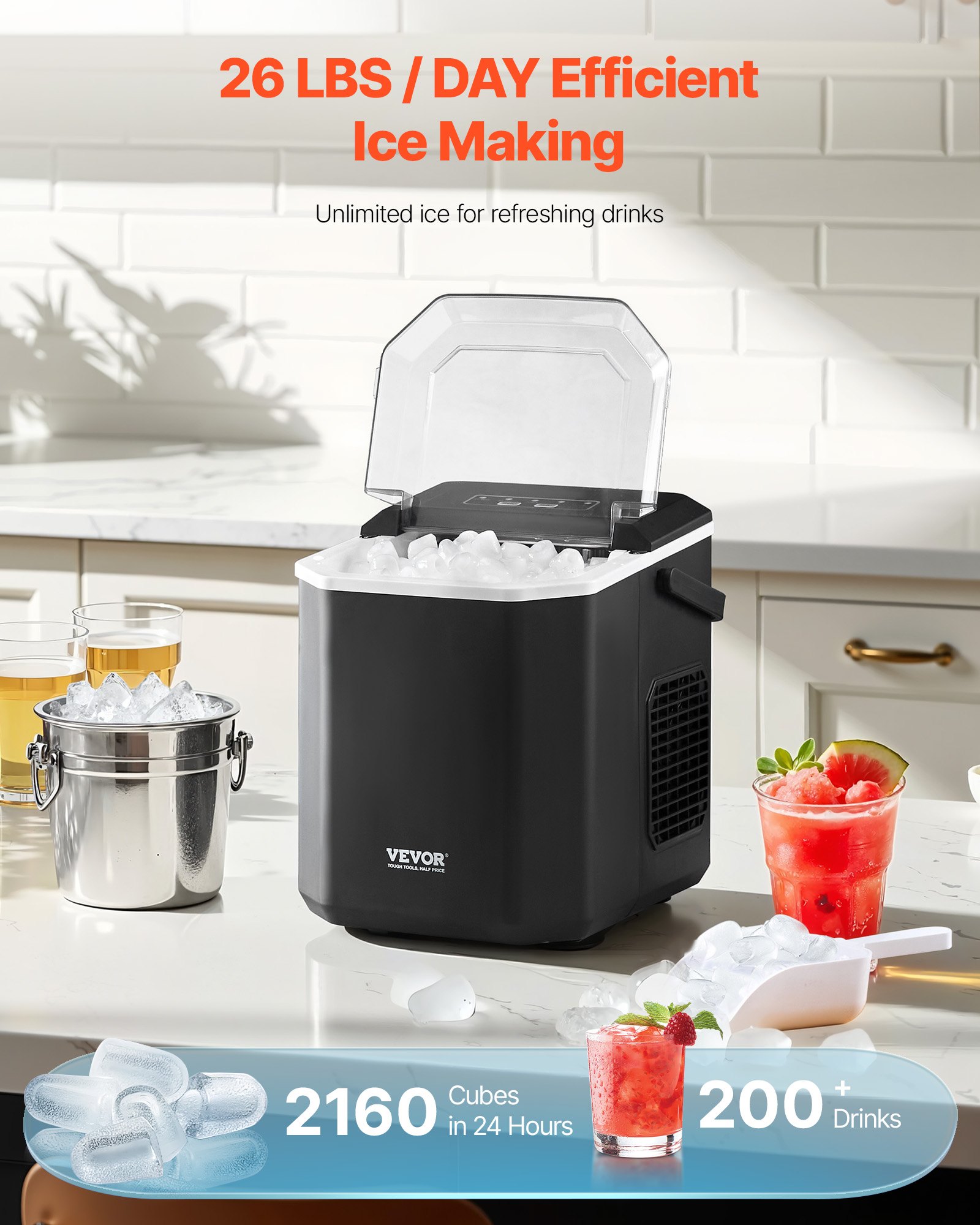 VEVOR Countertop Ice Maker, 9 Cubes Ready in 6 Mins, 26lbs in 24Hrs ...