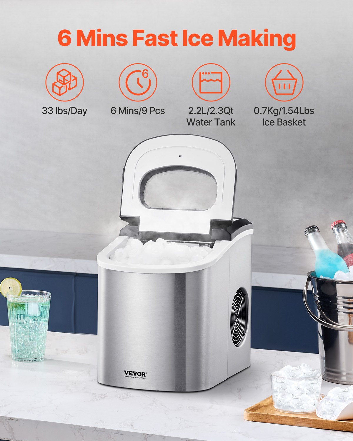 VEVOR Self Cleaning Countertop Ice Maker – Quiet & Fast Ice