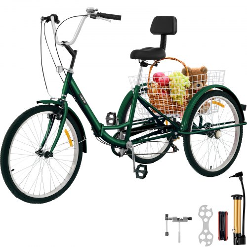 thumbnail image 2 of Foldable Adult 24-Inch 7-Speed Tricycle - Green, 3-Wheel, Carbon Steel Frame, Dual Brakes 2 of 6