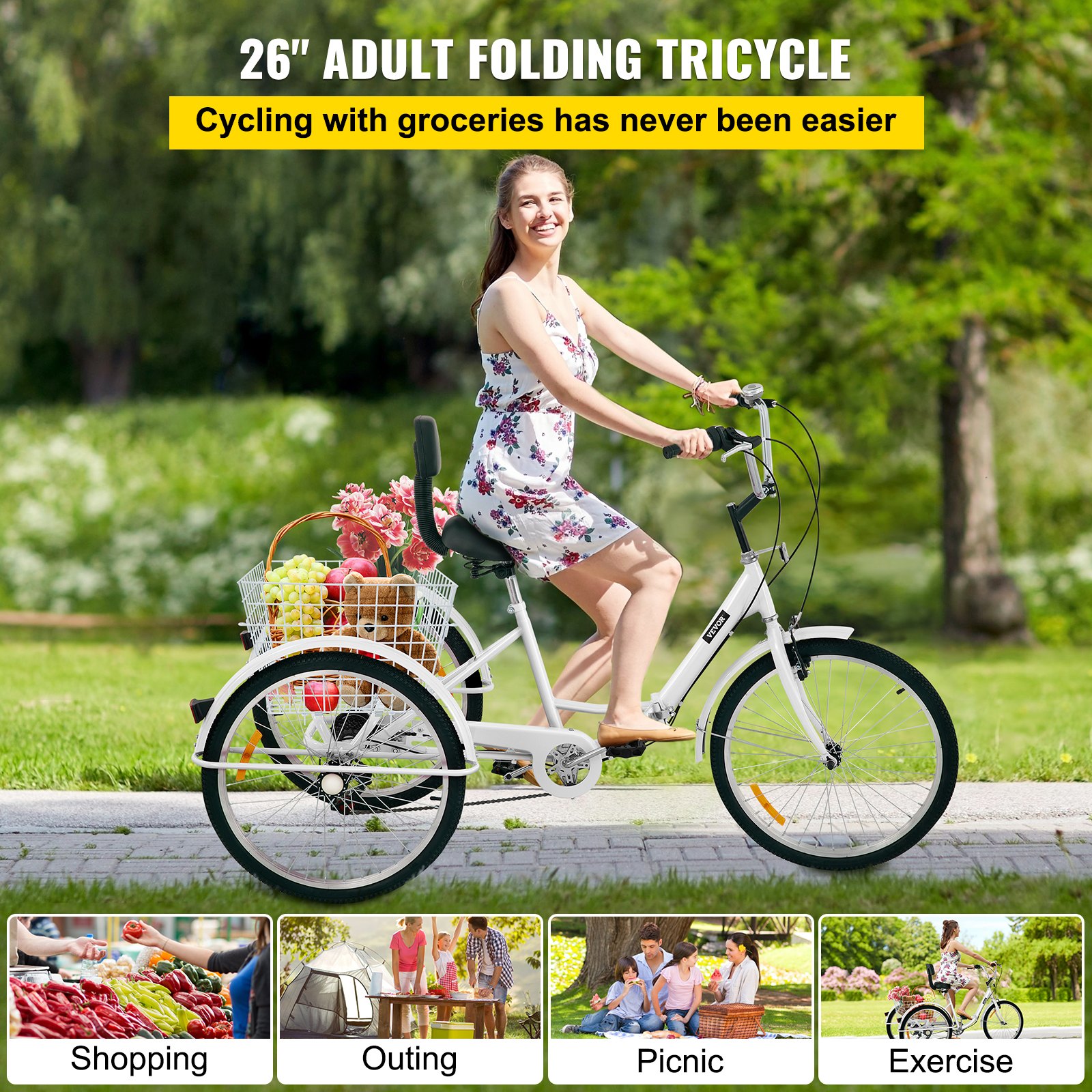 VEVOR Tricycle Adult 26’’ Wheels Adult Tricycle 7Speed 3 Wheel Bikes
