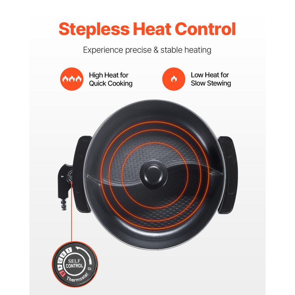 Elektrický horký hrnec VEVOR, 1360W 5l, dvojitá příchuť Shabu Shabu, nepřilnavý elektrický vařič s dělicí přepážkou, víko z čirého skla, regulace teploty, čínský horký hrnec pro 6-10 osob, rodinné večeře a večírky - miniatura 4