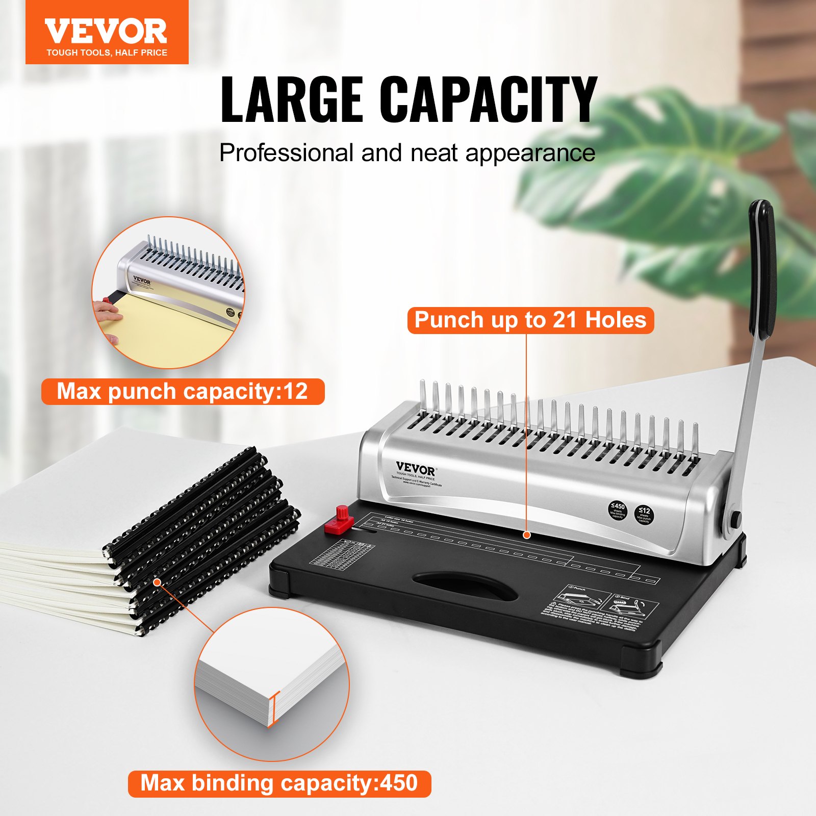 VEVOR Binding Machine, Comb Binding Machine 21-Holes Binding 450 Sheets ...