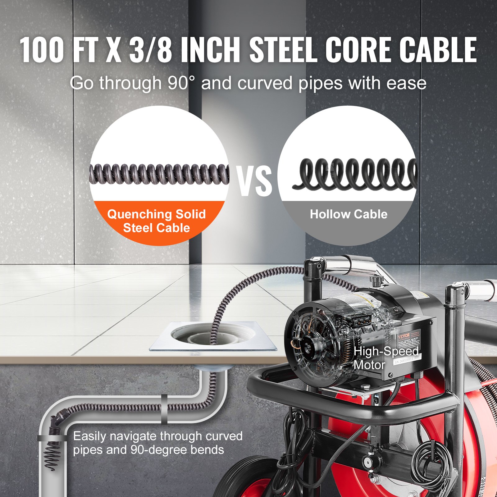 VEVOR Drain Cleaner Machine 100FT x 3/8 Inch, Auto Feed Sewer Snake ...